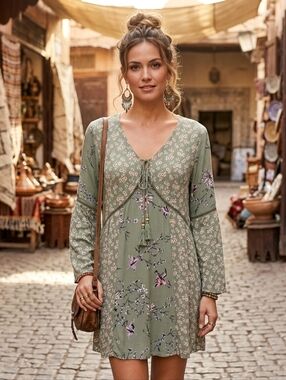 Love Fire Women's L Green Floral Boho Hippie Dress Long Sleeve Crochet Trim